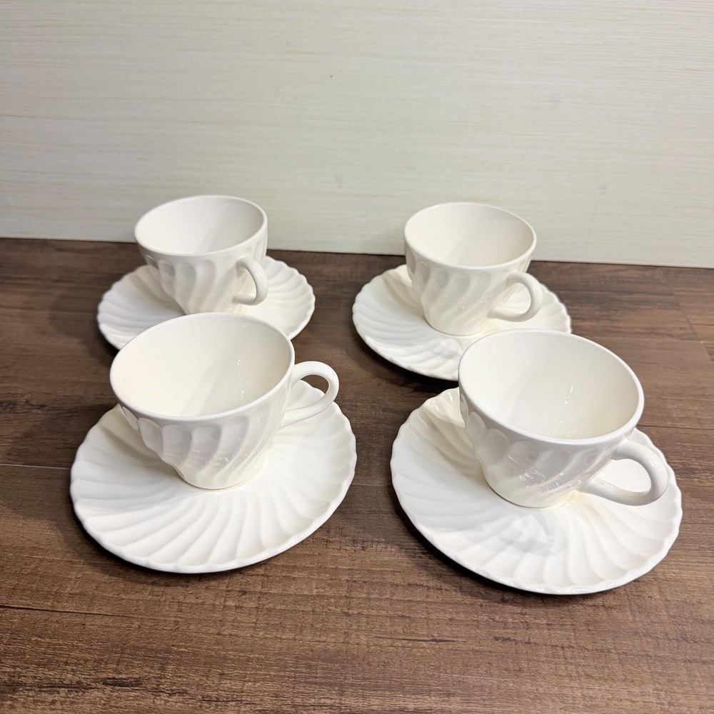 4 VTG Johnson Brothers Snowhite Regency White Teacups Saucers Swirl Coffee Cups